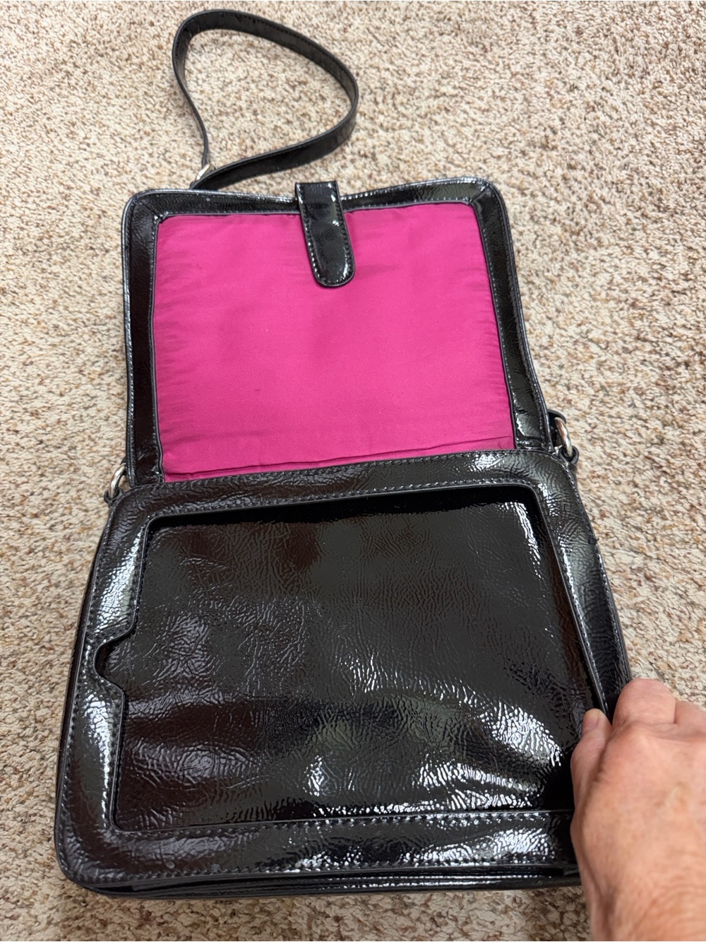 IPAD Purse…..Nine West Black Patent Crossbody Bag with Adjustable Strap